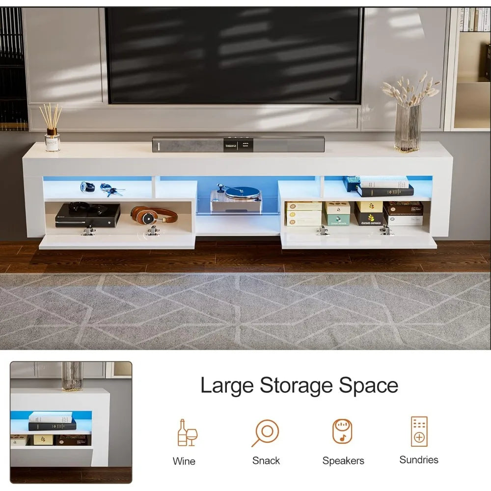 LED Floating TV Stand for 85+ inch TV, White High Glossy Wall Mounted Haning TV Stand with 2 Cabinets, Modern Floating FREE SHIPPING