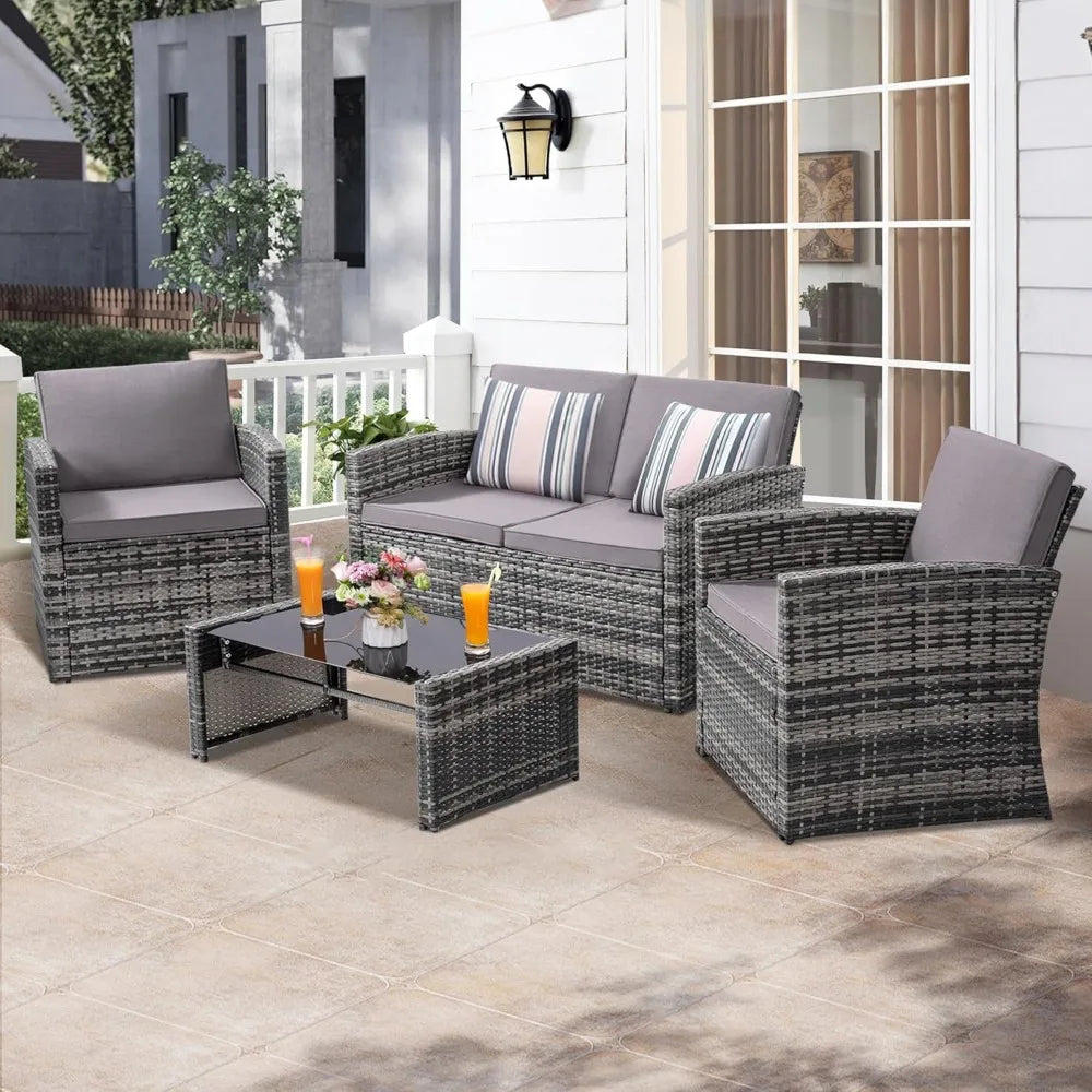 4 Piece Patio Conversation Set, Outdoor Wicker Sectional Furniture with Sofa, 2 Chairs, and Coffee Table, for Porch, Deck, Grey FREE SHIPPING