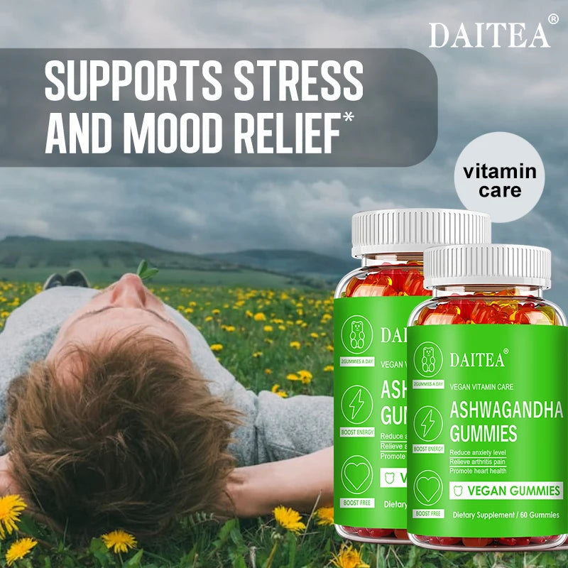 DAITEA Ashwagandha Gummies - Reduces Stress and Anxiety, Supports Heart, Joints, Immunity and Energy, Vegetarian, dolores de espalda Free Shipping