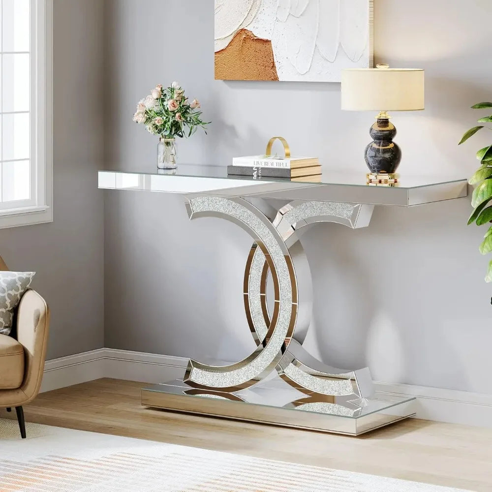 Mirrored Console Table, Modern Silver Entryway Table with Sparkling Crystal Inlays, Mirror Finish for Entrance, Living Room FREE SHIPPING