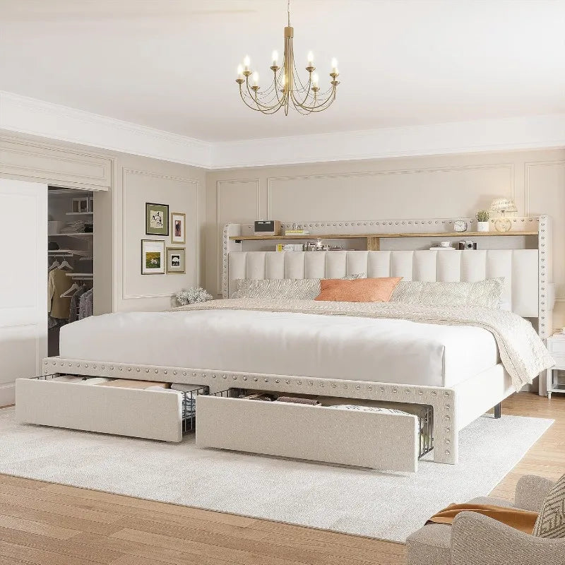 King Size Bed Frame with Storage and Headboard, Upholstered King Bed Frame with Storage, King Bed Frame Free Shipping