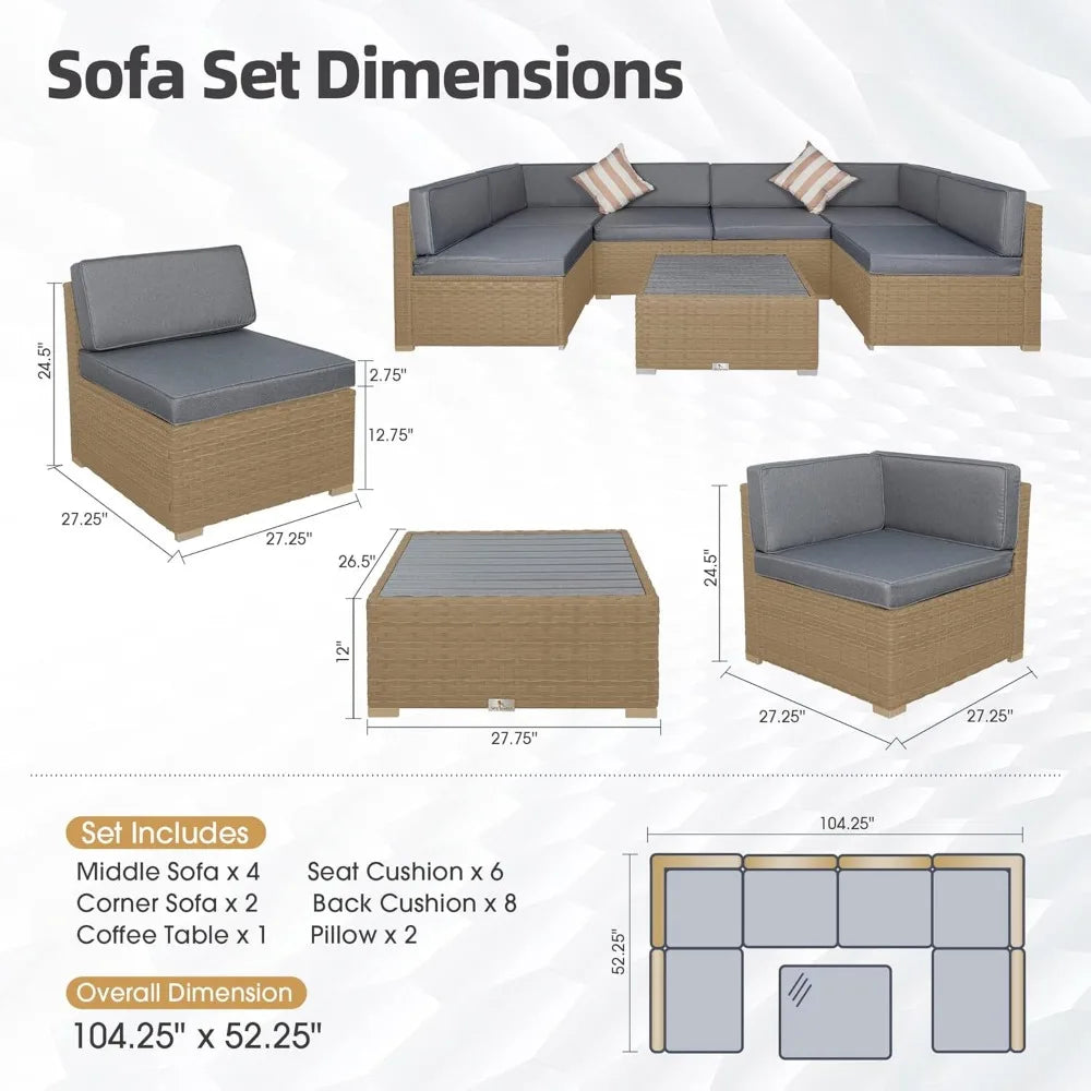 7 Piece Outdoor Patio Furniture Set with Cushions, PE Rattan Wicker Modular Patio Sofa Set with Coffee Table, and Two Pillows FREE Shipping