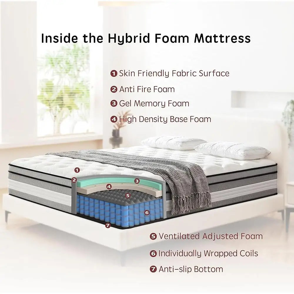 12 Inch Queen Hybrid Mattress Gel Memory Foam Pocket Spring Individually Wrapped Motion Isolation Pressure Relief Breathable FREE Shipping