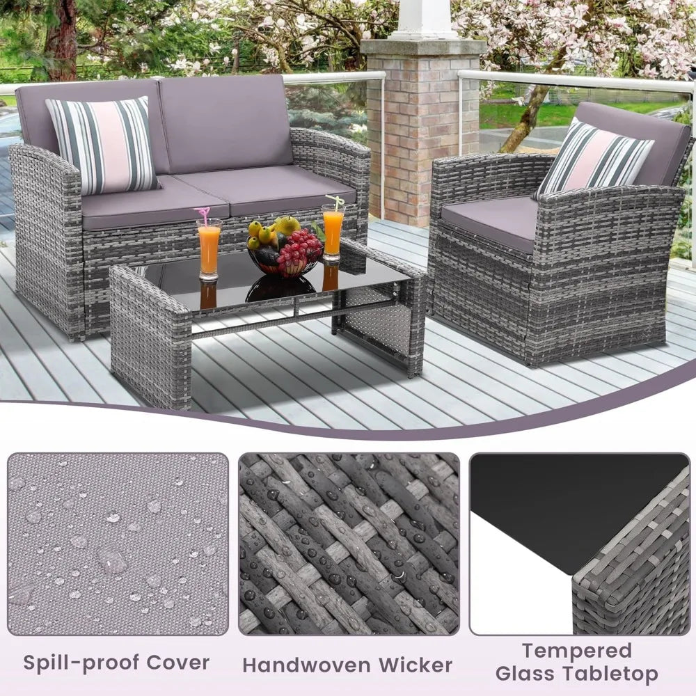 4 Piece Patio Conversation Set, Outdoor Wicker Sectional Furniture with Sofa, 2 Chairs, and Coffee Table, for Porch, Deck, Grey FREE SHIPPING