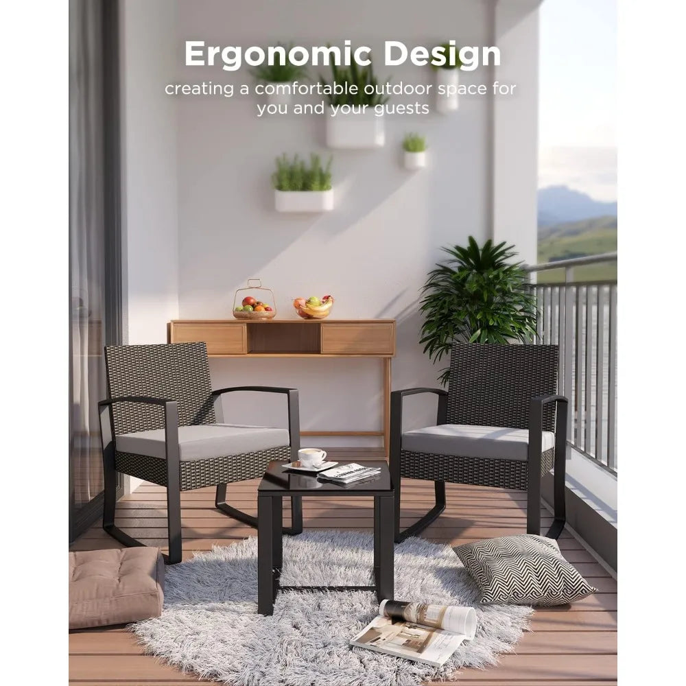 3 Pieces Patio Furniture Set Rocking Bistro Set Outdoor Rattan Conversation with Coffee Table for Garden Balcony Backyard FREE SHIPPING