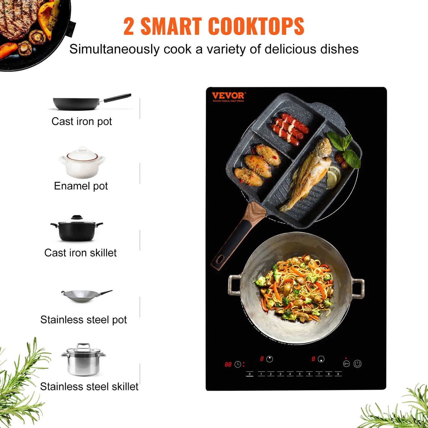VEVOR Electric Cooktop, 2 Burners, 24'' Induction Stove Top, Built-in Magnetic Cooktop 1800W, 9 Heating Level Multifunctional Burner, LED Touch Screen w/Child Lock & Over-Temperature Protection Free Shipping