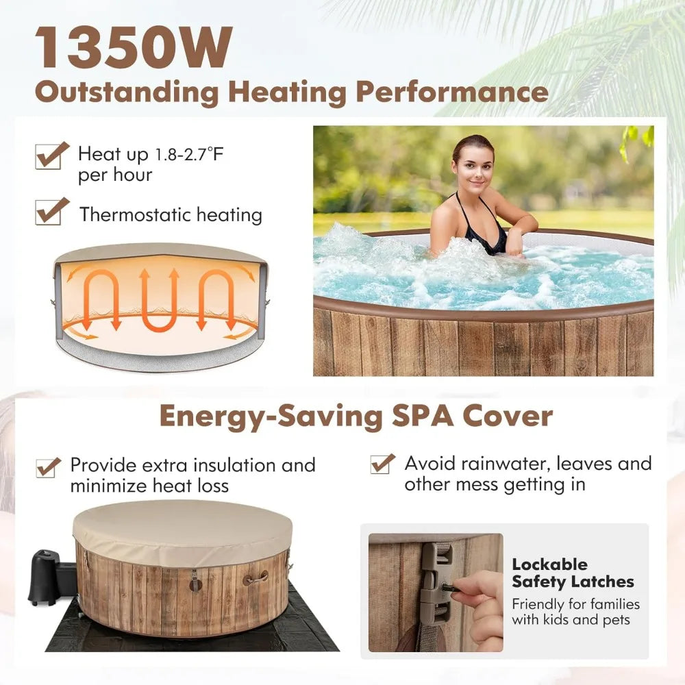 4 to 6 Person Inflatable Portable Hot Tub with 120 Soothing Bubble Air Jets, Insulated Lockable Cover, Outdoor Hot Tubs FREE SHIPPING