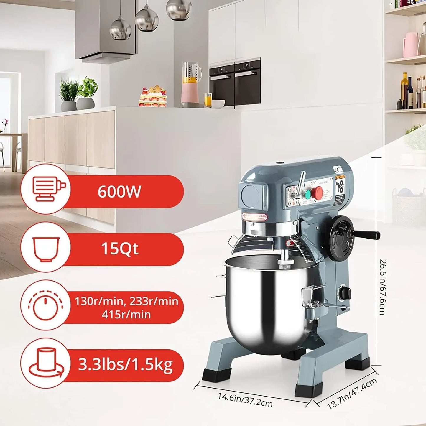 15QT 600w 3-Speed Commercial Stand Mixer With Tainless Steel Bowl, Dough Hook, Whisk, Heavy Duty Mixer With Safety Guard