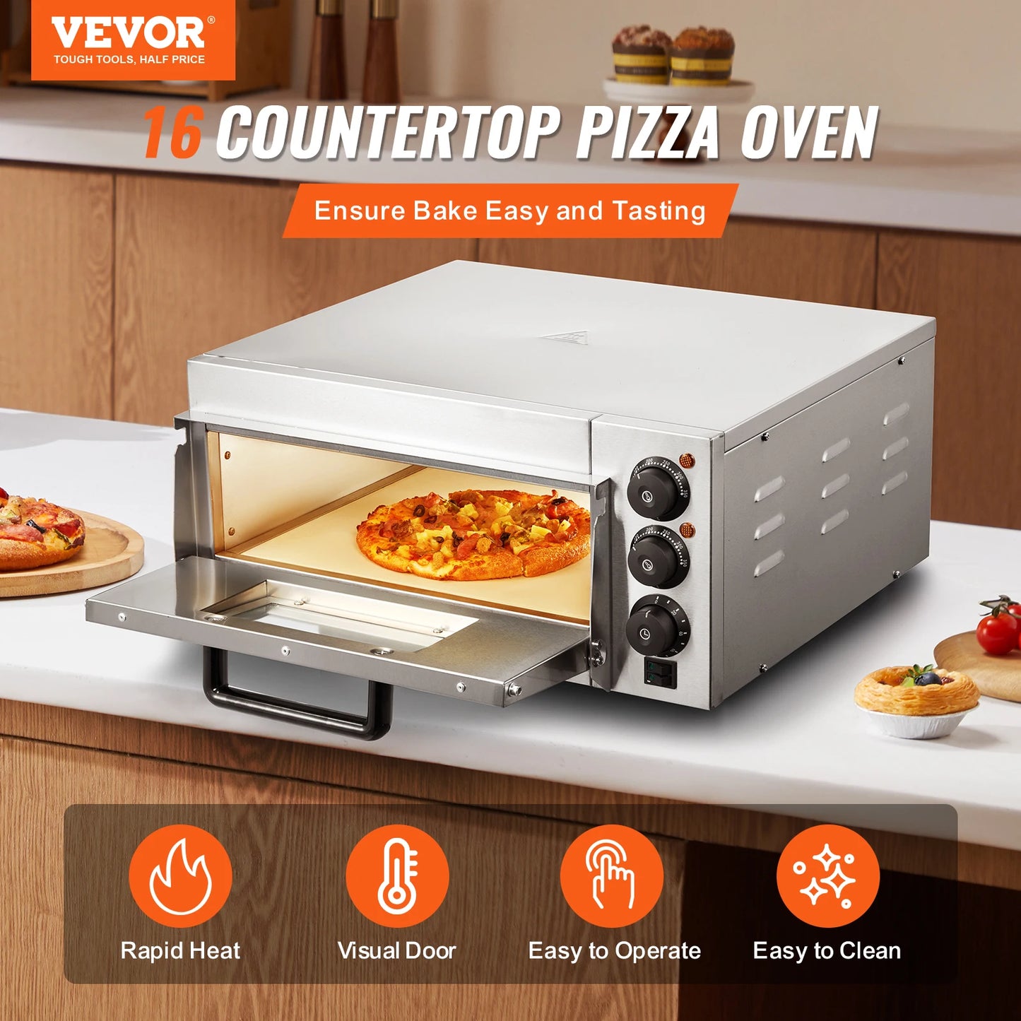 VEVOR Commercial Pizza Oven Countertop Single Deck Layer Stainless Steel Electric Pizza Oven with Stone and Handle Pizza Maker Free Shipping