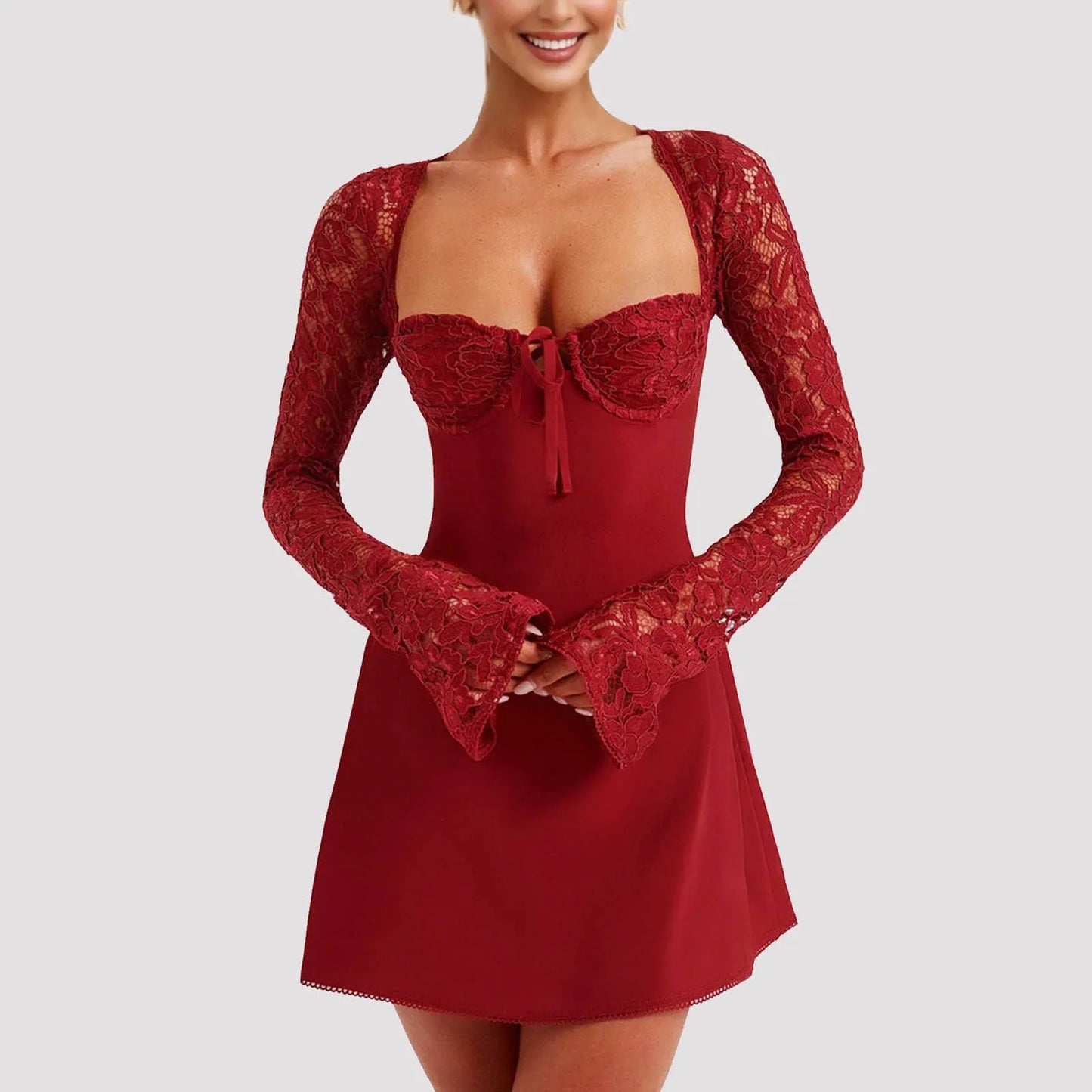 Women’s Elegant Bodycon Mini Dress Lace Long Sleeve White Dress For Spring Summer Low Cut Back Tie Dress Tunic Dress Party Wear Free Shipping