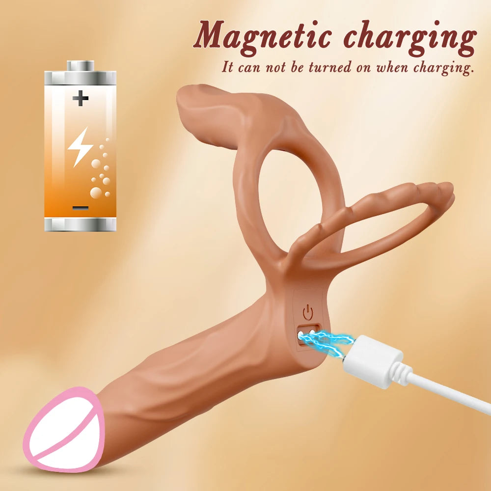 Double Penetration Vibrator for Couple Penis Ring Semen Cock Ring Penis Enlargement Delayed Vibrating Sex Toys for Men Adult FREE Shipping