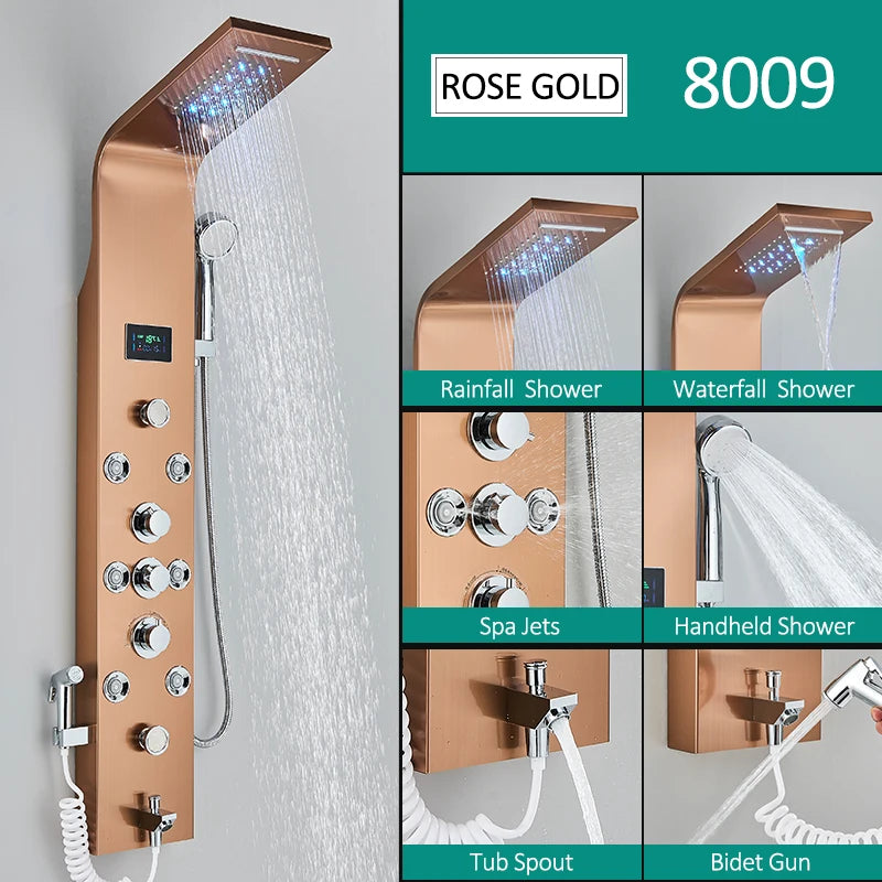 Black Nickel LED Shower Panel Six Functions Shower Column Rain Waterfall Shower Massage Spa Jets Tub Shower With Bidet Bath Taps FREE Shipping