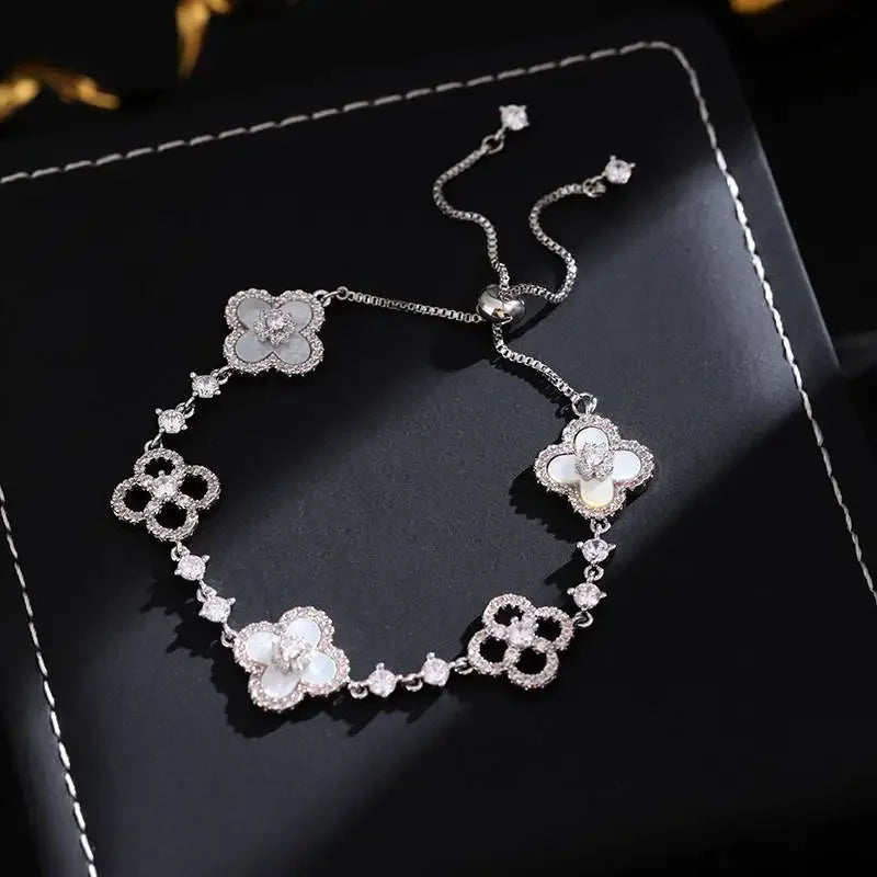 Qimeng Sweet Cherry" Vintage Pink Mother-of-Pearl Four-Leaf Clover Bracelet with Micro-Zirconia Inlay and Cutout Design FREE Shipping