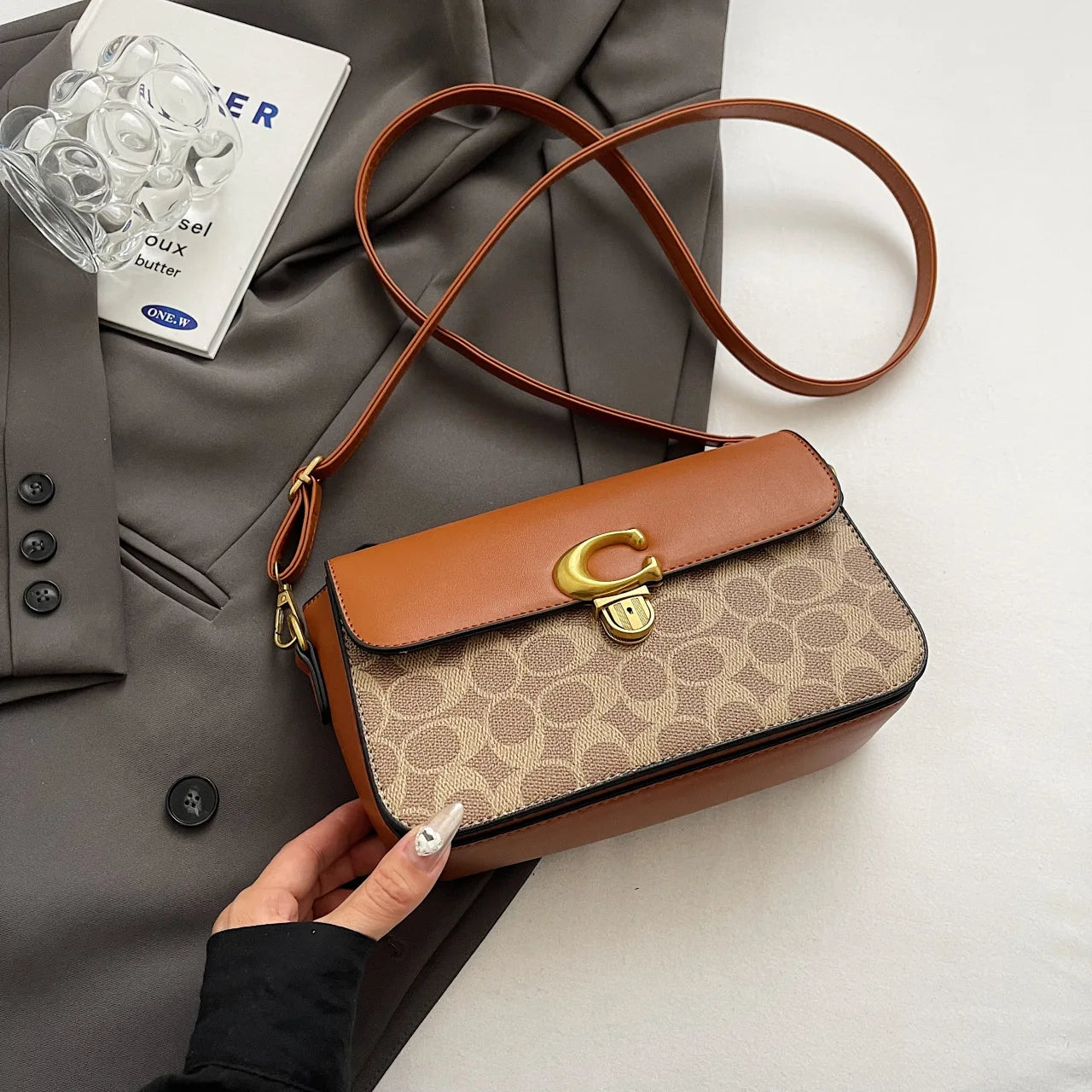 COACH Old Flower Classic Small Square Bag with Chic Color Matching Shoulder Messenger Bag for Fashion Enthusiasts FREE Shipping