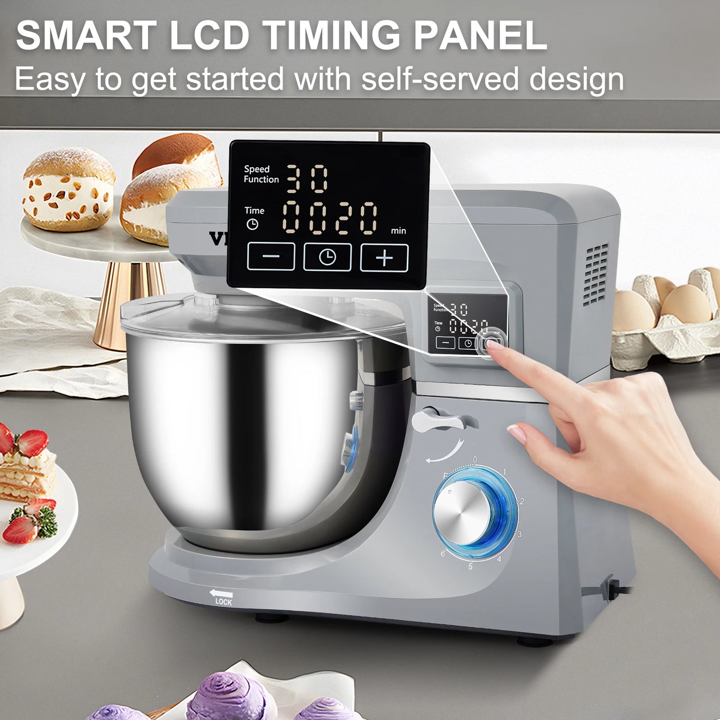 VEVOR 5 IN 1 Stand Mixer Tilt-Head Multifunctional Electric Mixer w/ 6 Speeds LCD Screen Timing 7.4 Qt Stainless Bowl Dough Hook FREE SHIPPING
