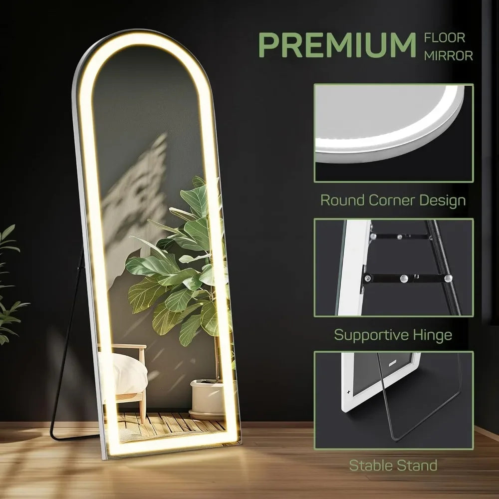 Arched Mirror Full Length with LED Lights, 26"x71" Body Wall Mirrors, Floor Standing, Hanging or Leaning, Large Tall Mirror FREE Shipping