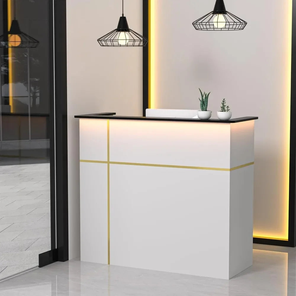 Reception Desk with Counter, Modern Front Table Equipped Lockers & Storage Shelves, 50-inch Checkout Counter with LED Lights & DIY Stripe for Lobbies, Salons, Retail, Home Offices, Reception Room FREE Shipping