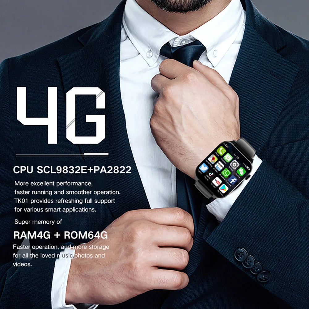 2025 RAM 4GB ROM 64GB 1.99 Inch 4G Call Smart Watch GPS Wifi SIM Dual Camera Heartrate Testing Waterproof Sports Men Smartwatch