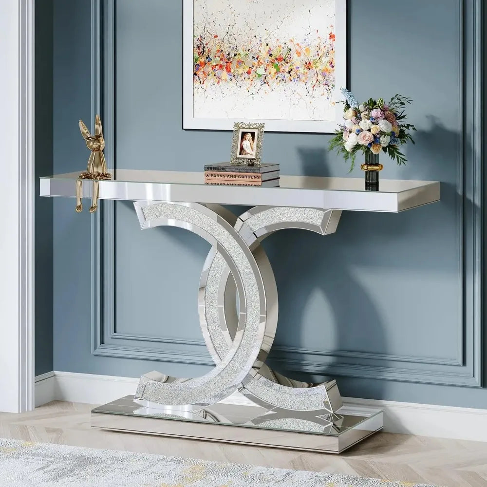 Mirrored Console Table, Modern Silver Entryway Table with Sparkling Crystal Inlays, Mirror Finish for Entrance, Living Room FREE SHIPPING