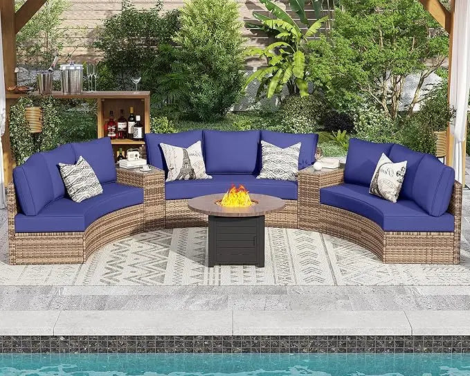 11-Piece Patio Furniture Set, Half-Moon Outdoor Wicker Sectional Sofa with Large Storage Wedge Table, All-Weather Wicker Conversation Set for Backyard, Garden, or Deck, Blue Patio Conversation Set FREE Shipping