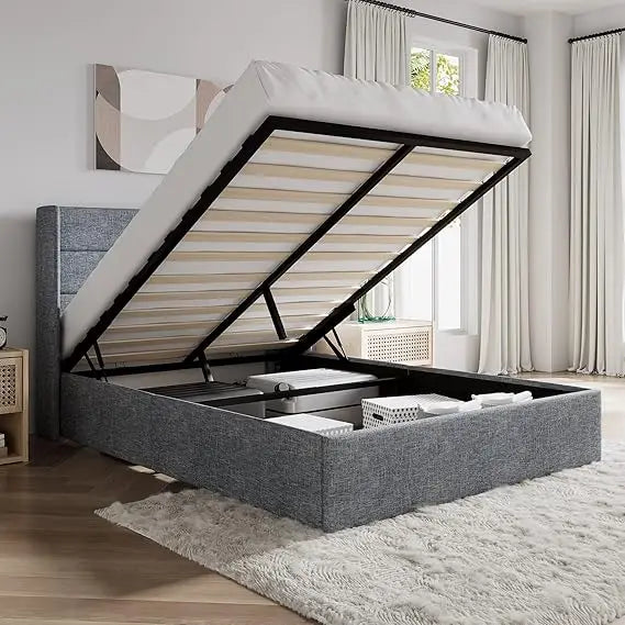 Full Size Lift Up Storage Bed/Velvet Upholstered/Modern Wingback Headboard/Upholstered Platform Bed Frame/Hydraulic S