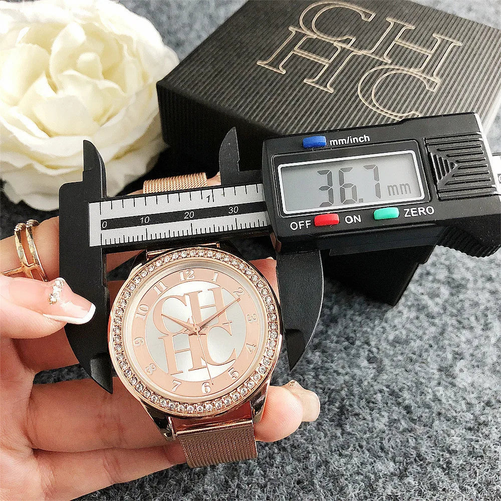 Carolina Herrera Elegant Logo Fashion Mesh Crystal Watch Design Sense Brand Stainless Steel Women's Watch Temperament High-end Diamond Watch FREE SHIPPING