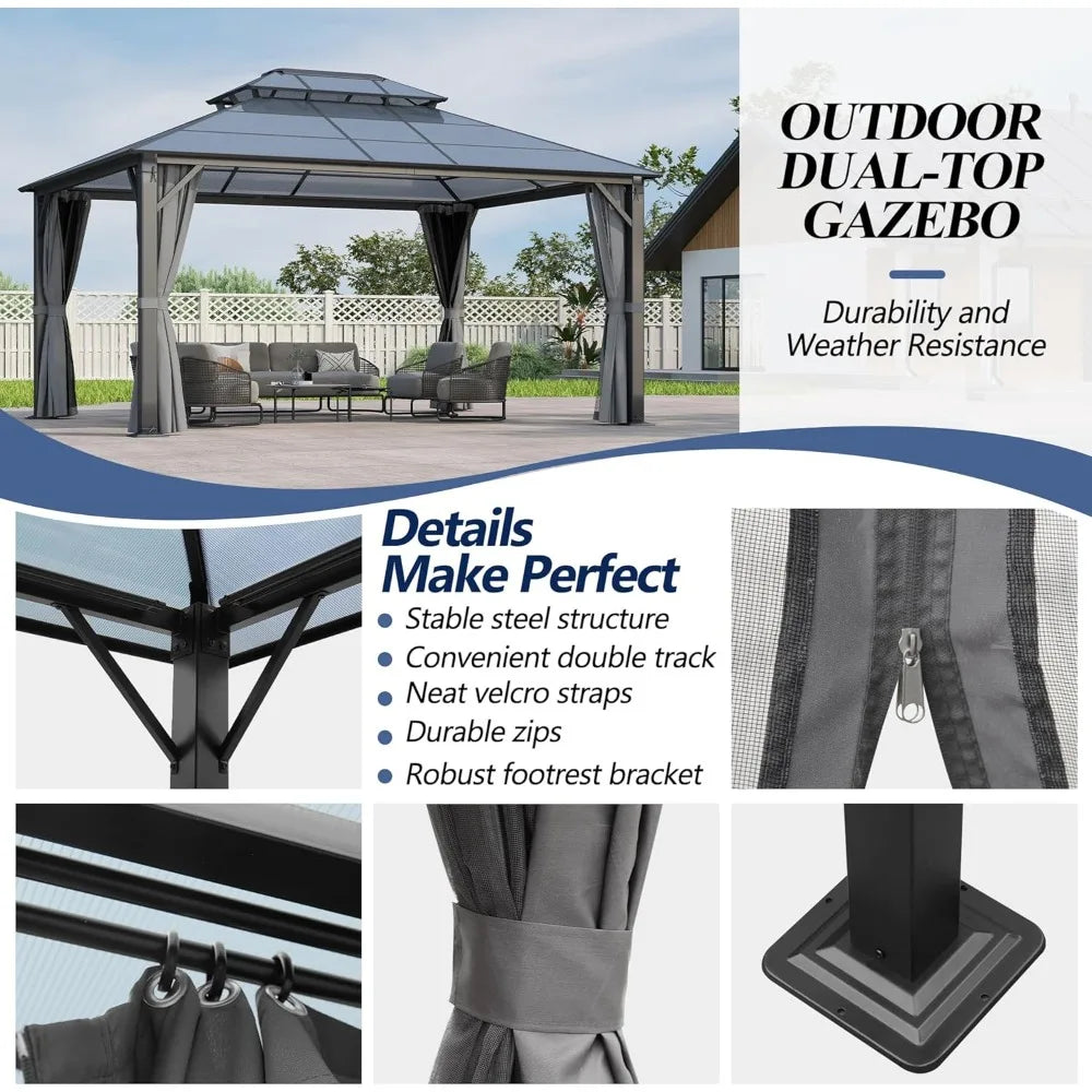 12x14FT Polycarbonate Hardtop Gazebo with Double Roof - Heavy-Duty Steel Frame Gazebo with Breathable Netting & Privacy Curtain for Patio, Porch, Garden, Lawn, Deck, Backyard Free Shipping