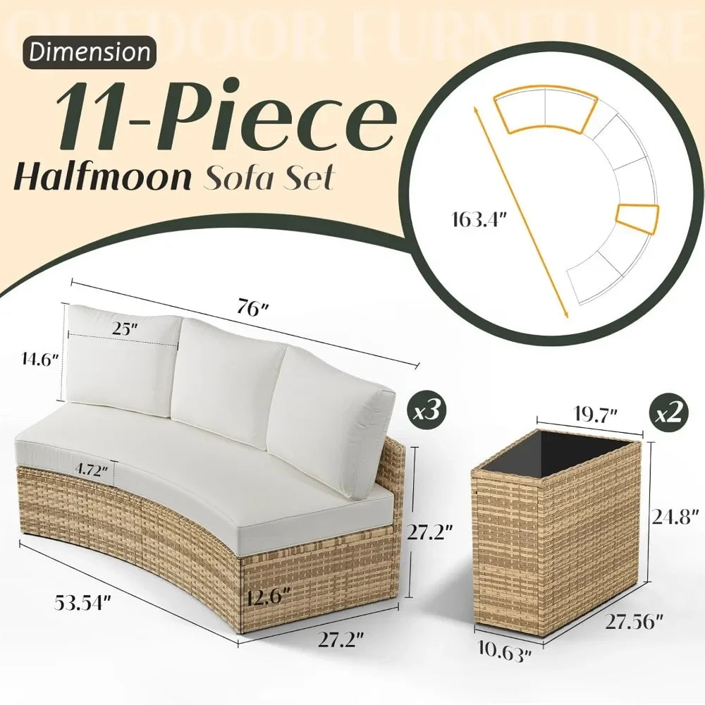 11-Piece Patio Furniture Set, Half-Moon Outdoor Wicker Sectional Sofa with Large Storage Wedge Table, All-Weather Wicker Conversation Set for Backyard, Garden, or Deck, Blue Patio Conversation Set FREE Shipping
