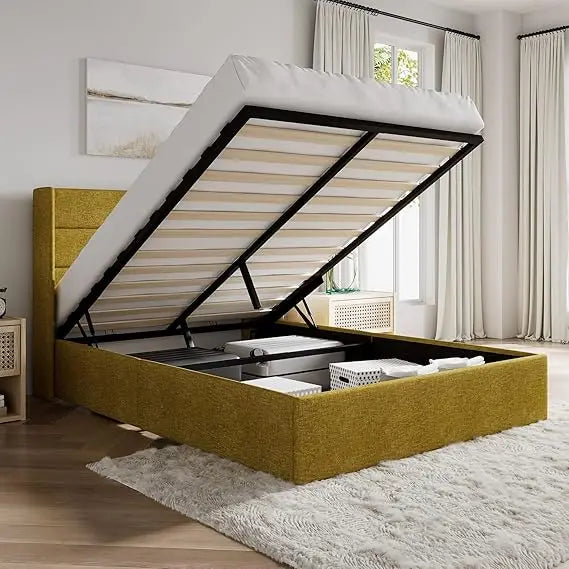 Full Size Lift Up Storage Bed/Velvet Upholstered/Modern Wingback Headboard/Upholstered Platform Bed Frame/Hydraulic S