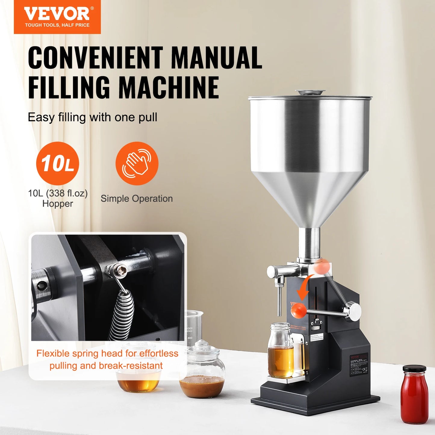 VEVOR A03 5-50ml/5-100ml Manual Liquid Filling Machine Paste Bottle Filler Adjustable with Hopper for Water Juice Shampoo Honey FREE Shipping
