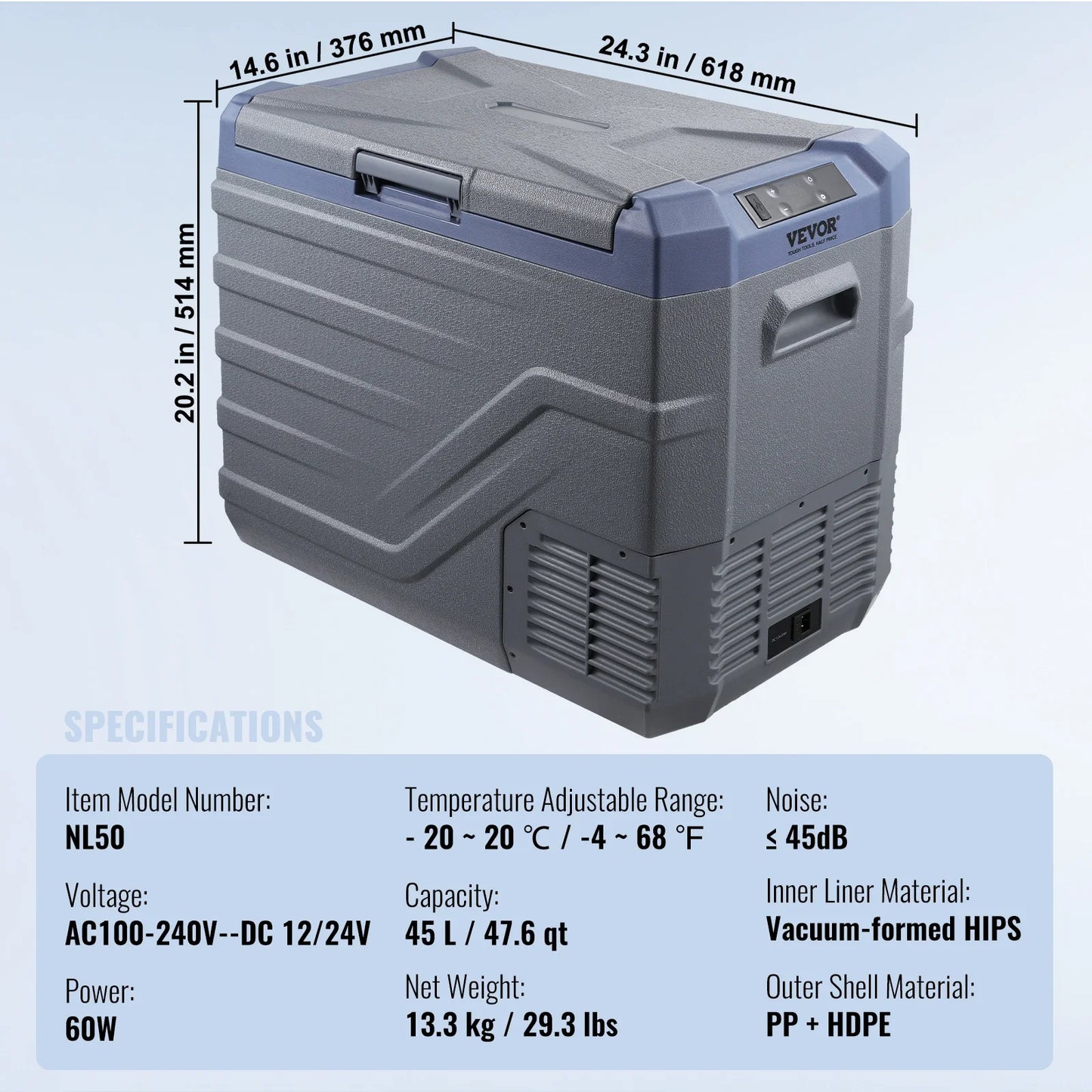VEVOR 12L 15L 30L 37L 45L Car Refrigerator Fridge 37 L -4℉-68℉ 12/24V DC and 100-240V AC for Outdoor Camping and RV Free Shipping
