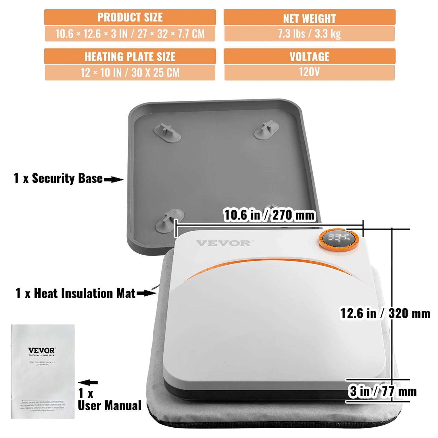 VEVOR 9x9/12x10 in Portable Heat Press Machine DIY Shirt Printing Multifunctional Sublimation Transfer for HTV Vinyl T-shirt Bag
