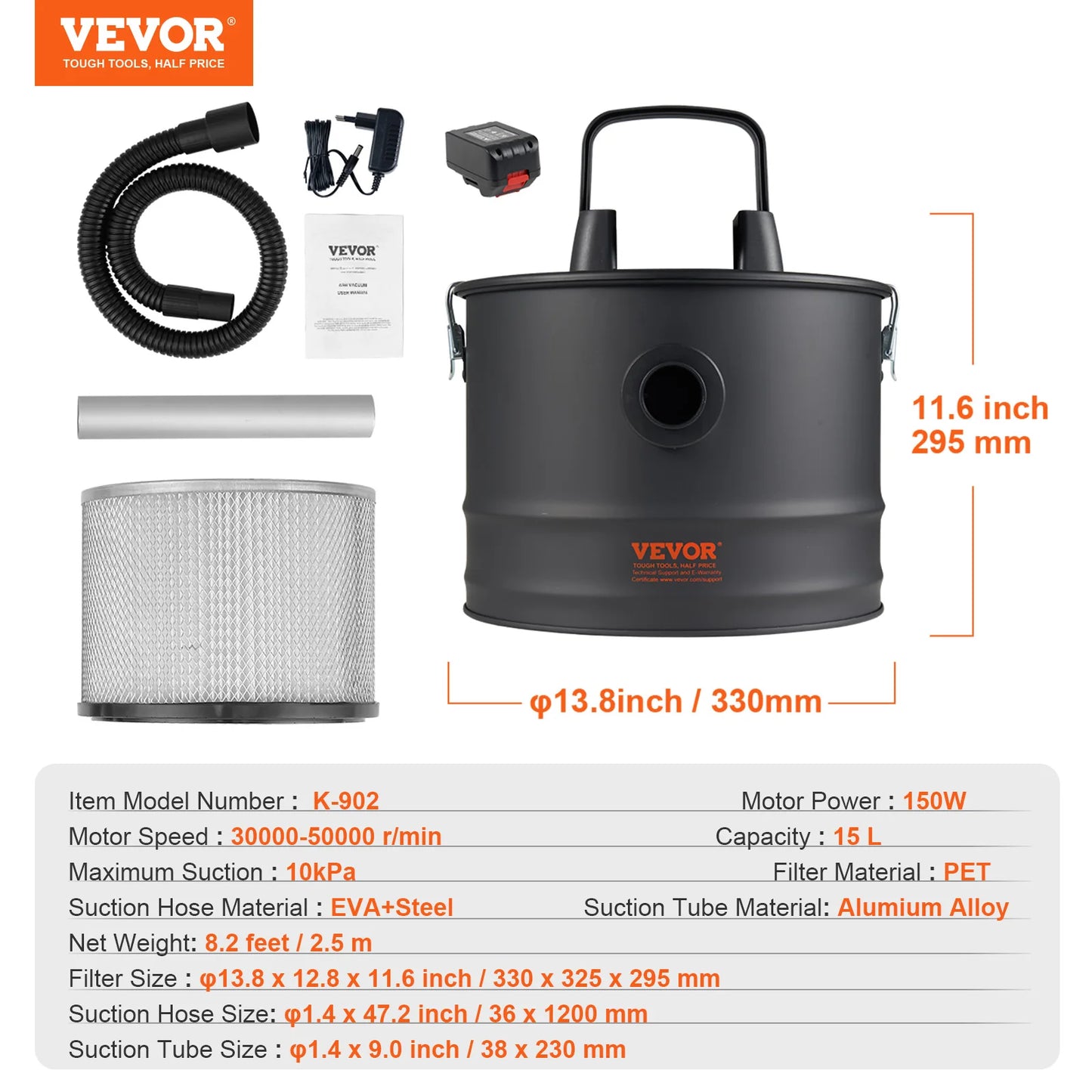 VEVOR Ash Vacuum Cleaner 12L Powerful Suction Fireplace Vacuum with Reverse Suction Power Cable 10 Kpa Max. Vacuum for Fireplaces Free Shipping