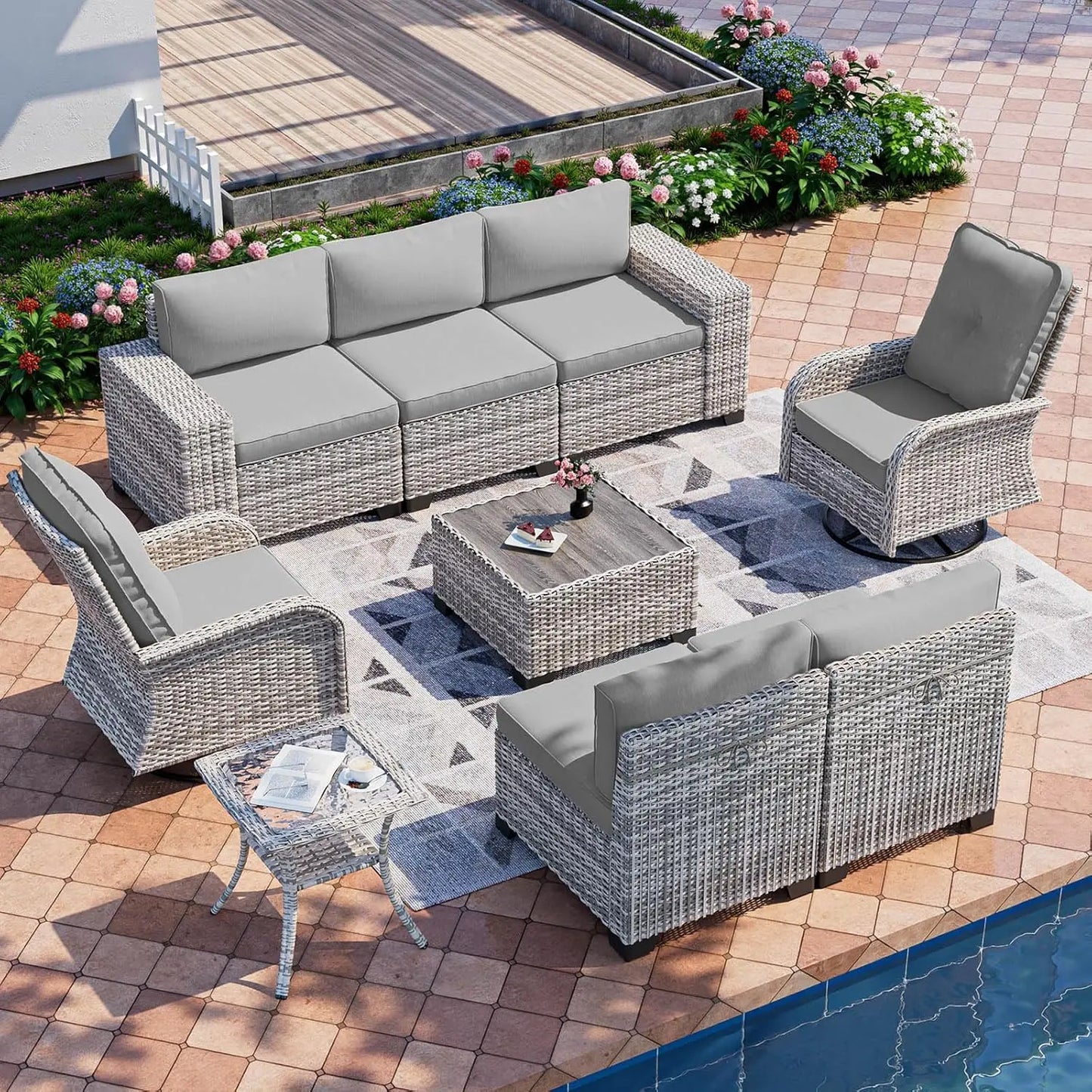 9-Piece Outdoor Patio Furniture Set with Rocking Swivel Chair Wicker Sectional Sofa Set, with Thickened Cushions & Coffee Table FREE SHIPPING