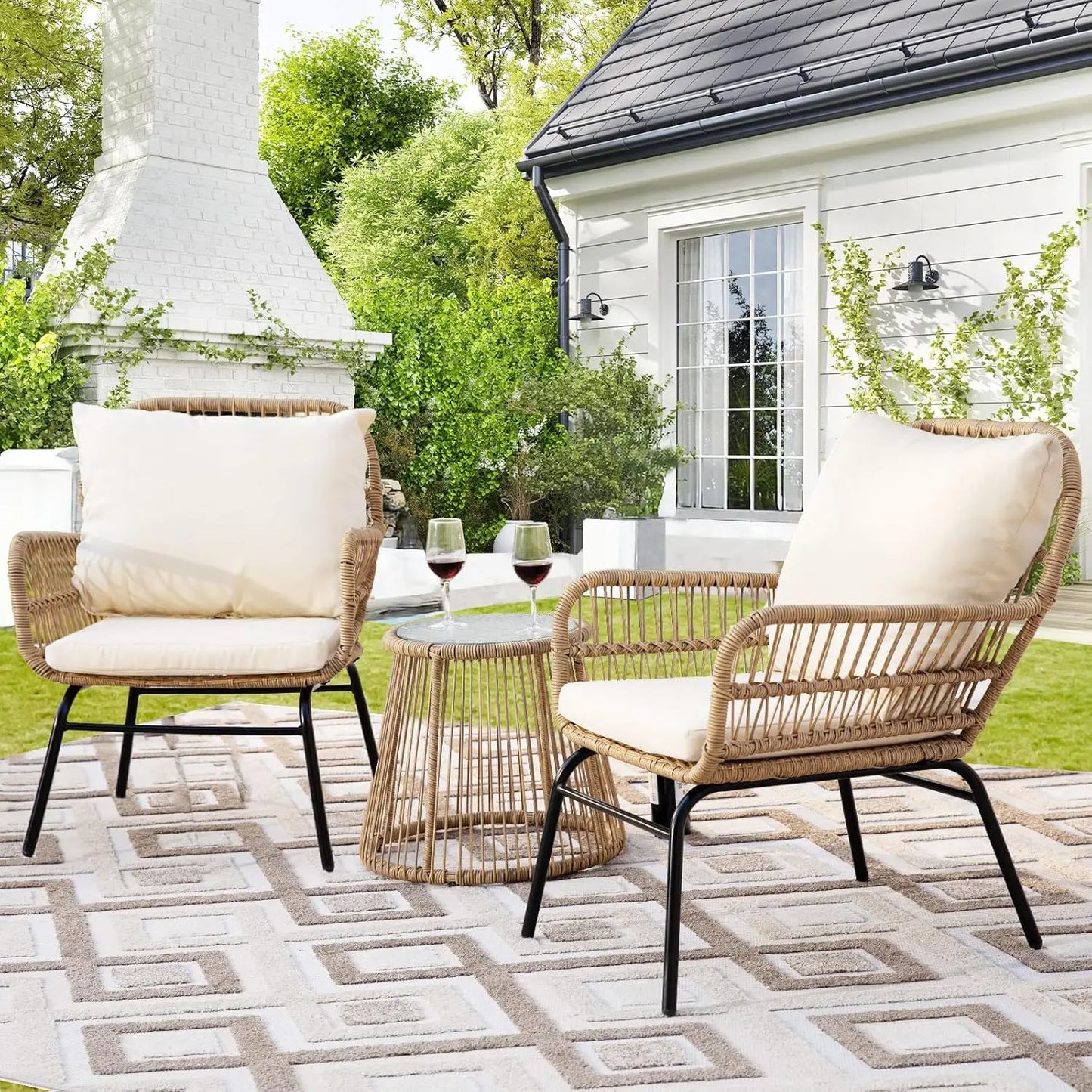 7-piece Bohemian Style Outdoor Courtyard Furniture Sofa Set, Including Egg Chairs, L-shaped Leisure Chairs, and Beige Cushions FREE Shipping