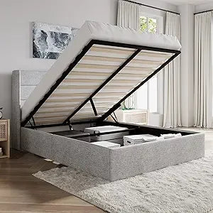 Full Size Lift Up Storage Bed/Velvet Upholstered/Modern Wingback Headboard/Upholstered Platform Bed Frame/Hydraulic S