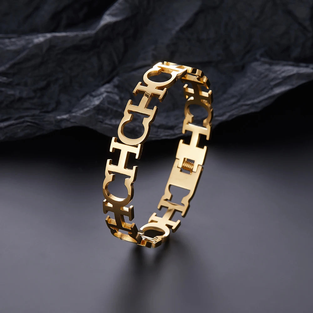 Classic letter cut black enamel gold plated stainless steel bracelet, high quality waterproof silver jewelry