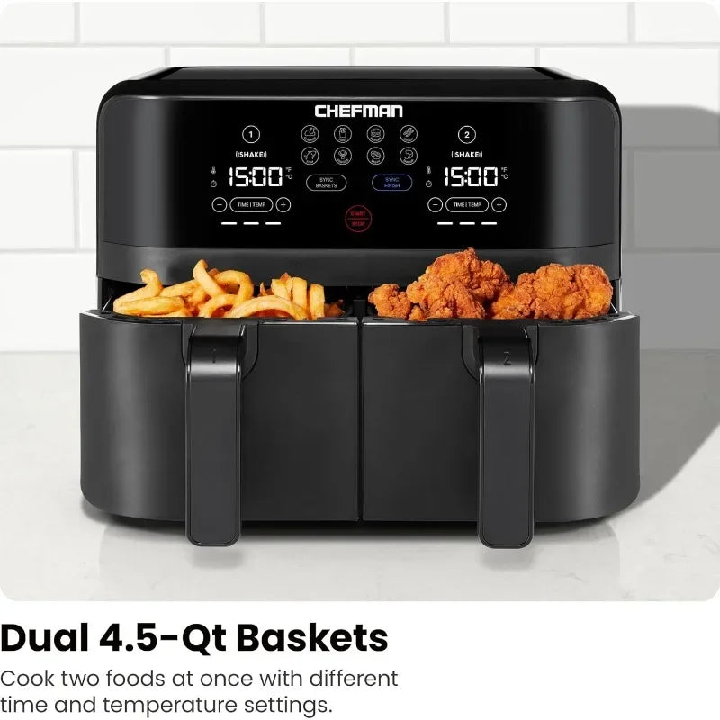 Chefman 6 and 9 Quart Dual Basket Air Fryer - Digital Touchscreen, Smart Sync Finish, Hi-Fry, Auto Shutoff, 2 Independent 3QT Nonstick FREE Shipping