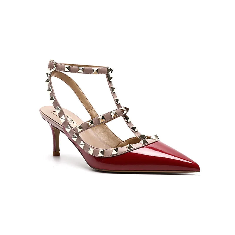 Genuine Leather Rivet Fashion Classic High Heels Summer Black Slim High Heel Sandals Pointed Women's Party Wedding Pumps 41