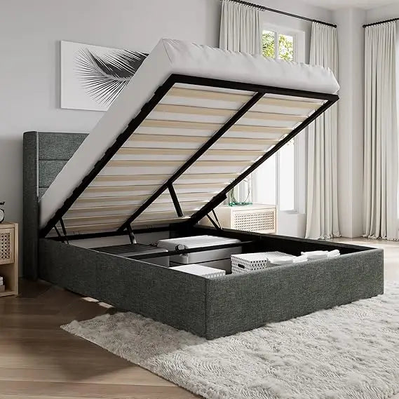 Full Size Lift Up Storage Bed/Velvet Upholstered/Modern Wingback Headboard/Upholstered Platform Bed Frame/Hydraulic S