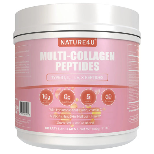 Nature4U Multi Collagen Peptides Powder with Biotin, Hyaluronic Acid, , Vitamin C for Healthy Hair, Skin, Nails, Joint, 1.1LB FREE Shipping