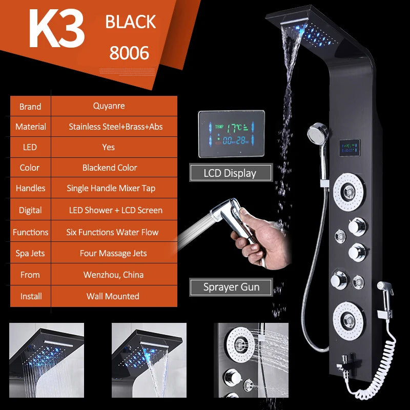 Black Nickel LED Shower Panel Six Functions Shower Column Rain Waterfall Shower Massage Spa Jets Tub Shower With Bidet Bath Taps FREE Shipping