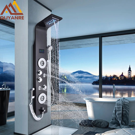 Black Nickel LED Shower Panel Six Functions Shower Column Rain Waterfall Shower Massage Spa Jets Tub Shower With Bidet Bath Taps FREE Shipping