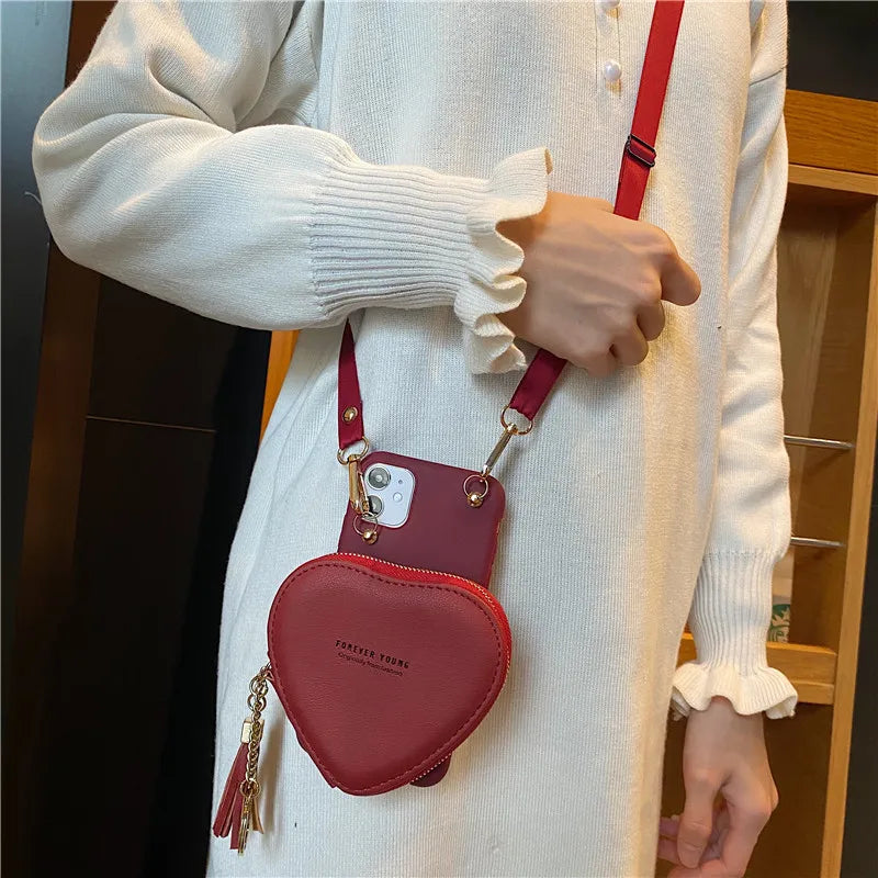 Big Love heart wallet lipstick bag crossbody lanyard girl gift case for iphone 16Pro Max 15 12 11 13 14Pro Max Xs Xr 8plus cover