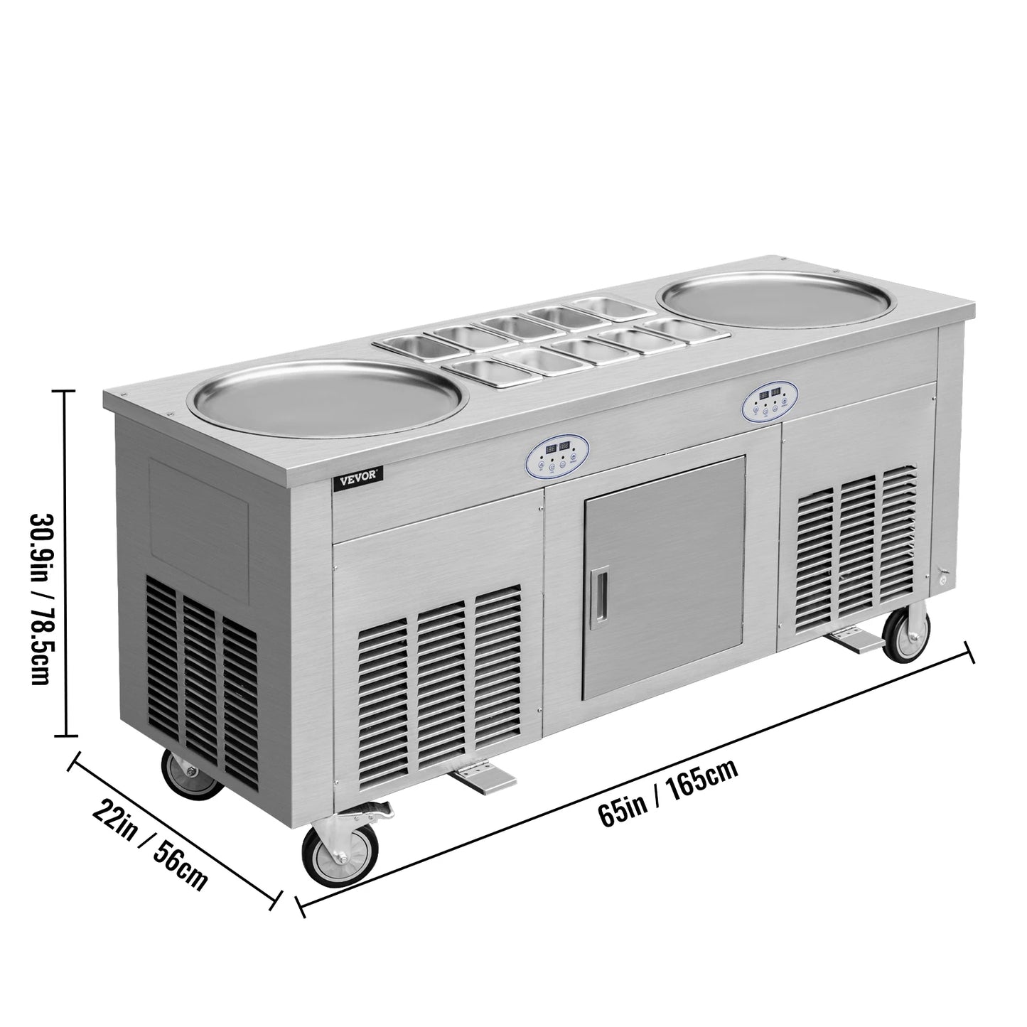 VEVOR 2800W Commercial Fried Ice Cream Roll Machine w/ 10 Buckets Double Pans Stainless Steel Moveable Ice Cream Porridge Maker