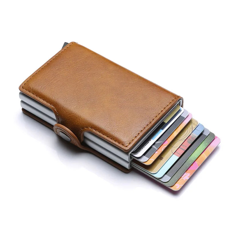 Europe Designer RFID Protection Men's Leather Credit Card Holder Double Aluminum Bank Card Protector Case ID Wallet For Man