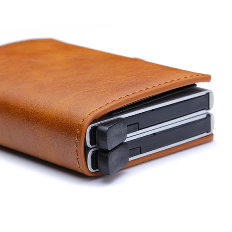 Europe Designer RFID Protection Men's Leather Credit Card Holder Double Aluminum Bank Card Protector Case ID Wallet For Man