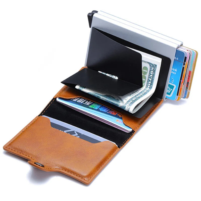 Europe Designer RFID Protection Men's Leather Credit Card Holder Double Aluminum Bank Card Protector Case ID Wallet For Man