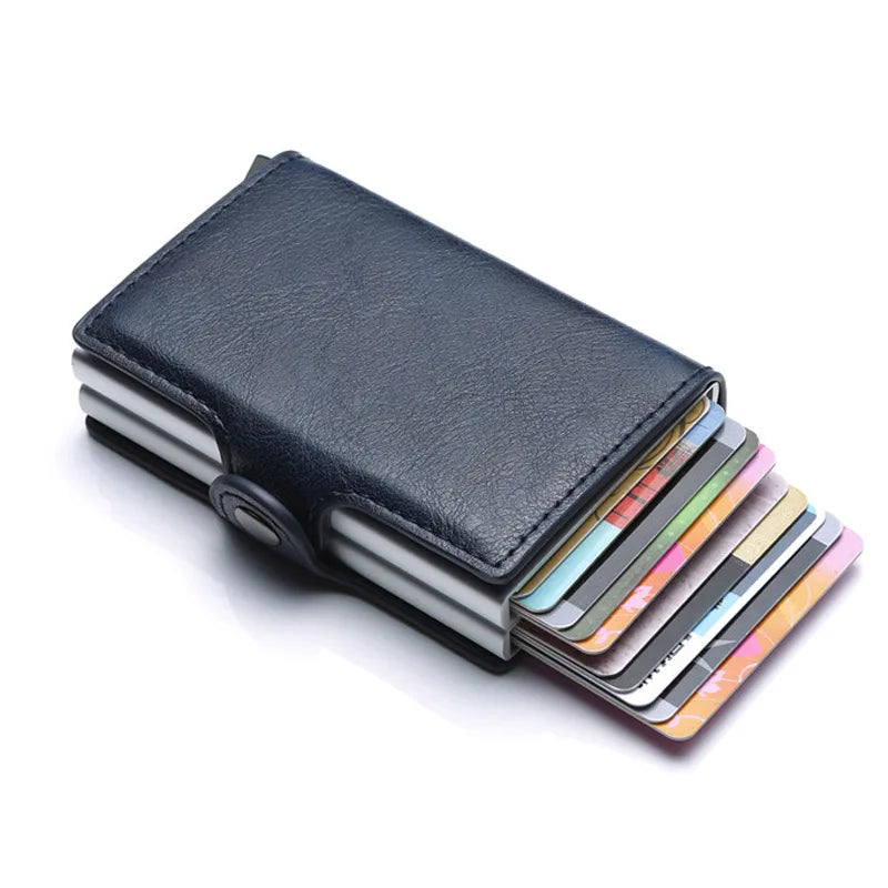 Europe Designer RFID Protection Men's Leather Credit Card Holder Double Aluminum Bank Card Protector Case ID Wallet For Man
