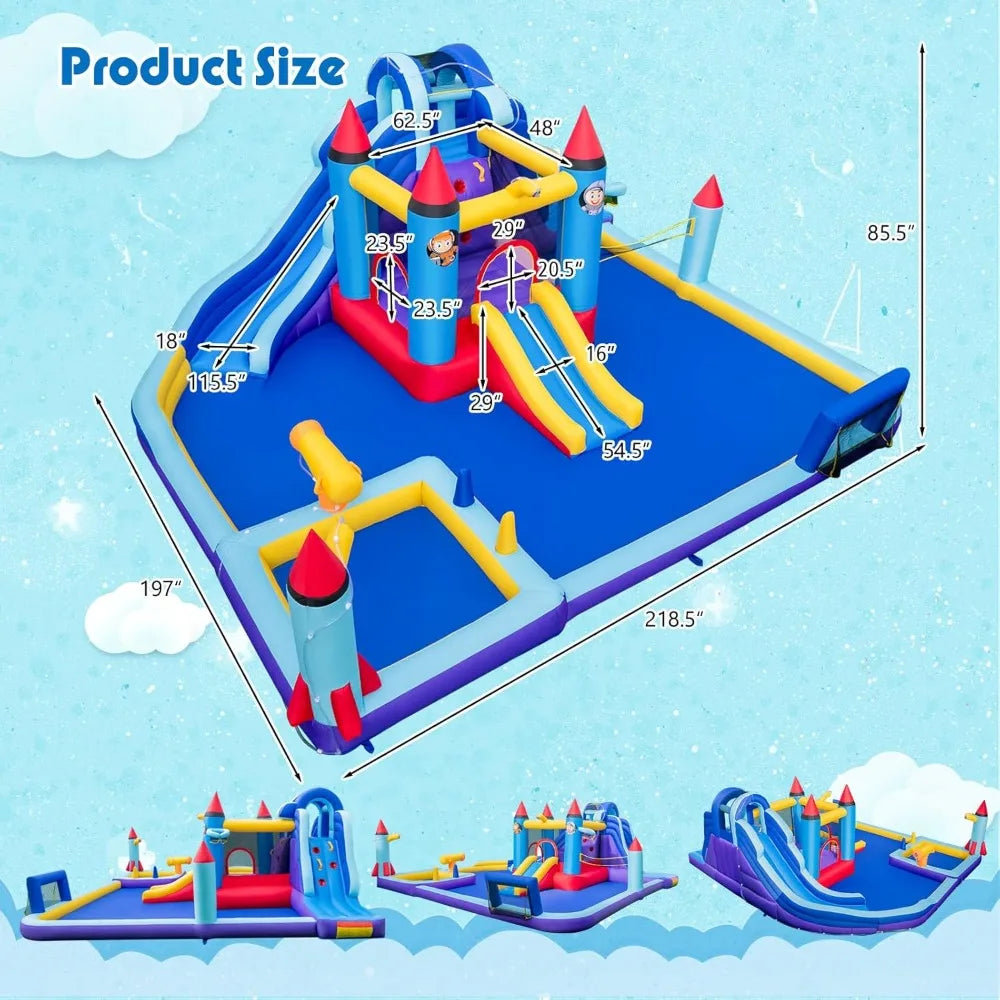 Inflatable Water Slide, Giant Waterslide Park Bounce House, Splash Pool, Volleyball & Football Goal, Blow Up Slides Inflatables